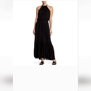 Theory Melaesa Black Drapey Jersey Knit Sleeveless Elastic Waist Maxi Dress Sz M